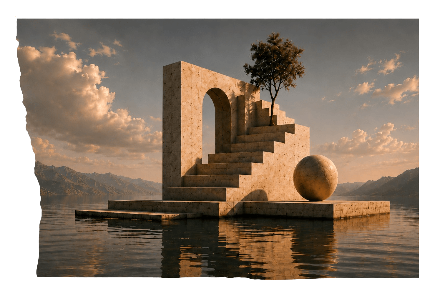 Architectural sculpture with arches, stairs, and stone sphere emerging from still water against a mountain landscape