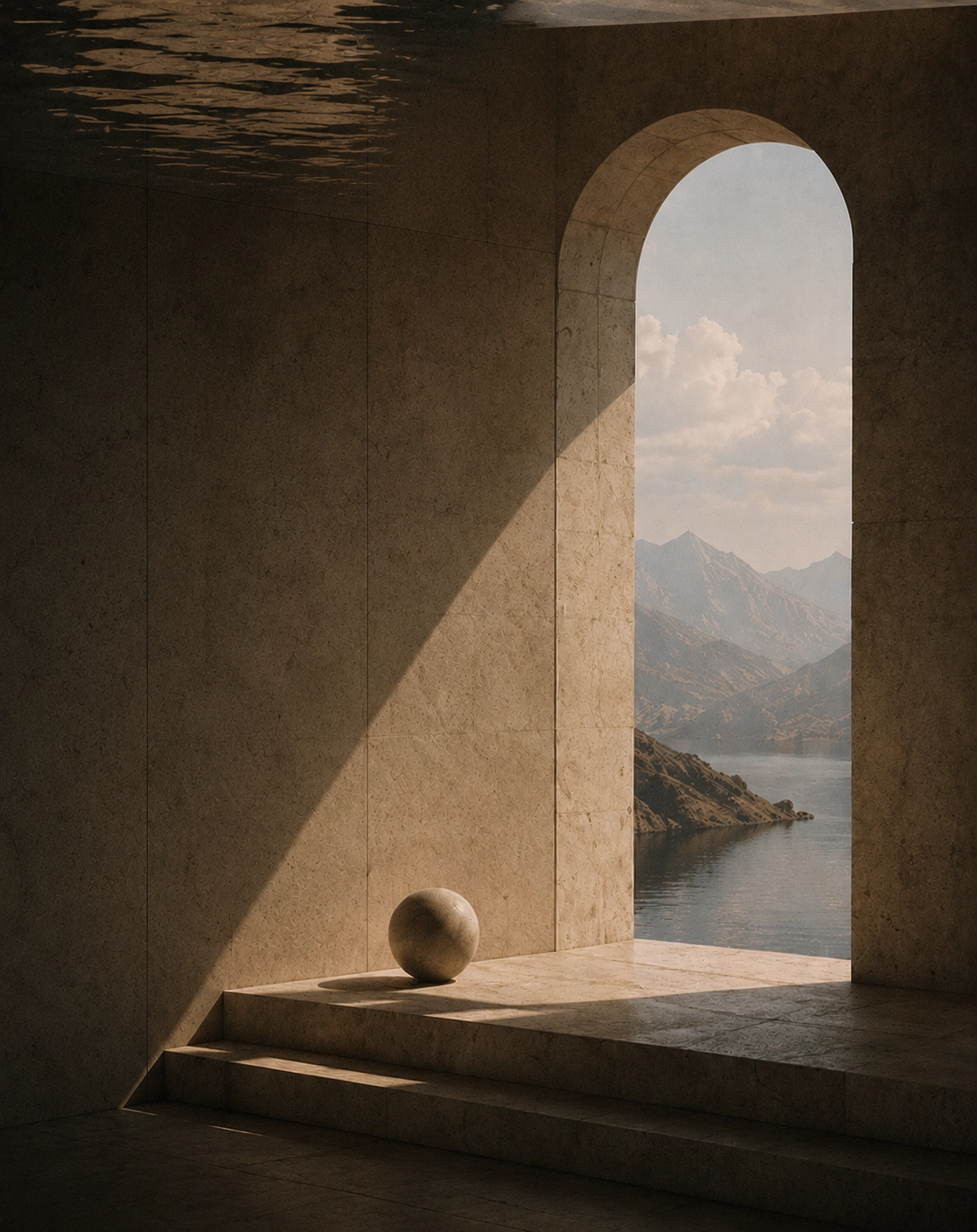 Warm light streaming through a stone archway revealing mountains and sea beyond