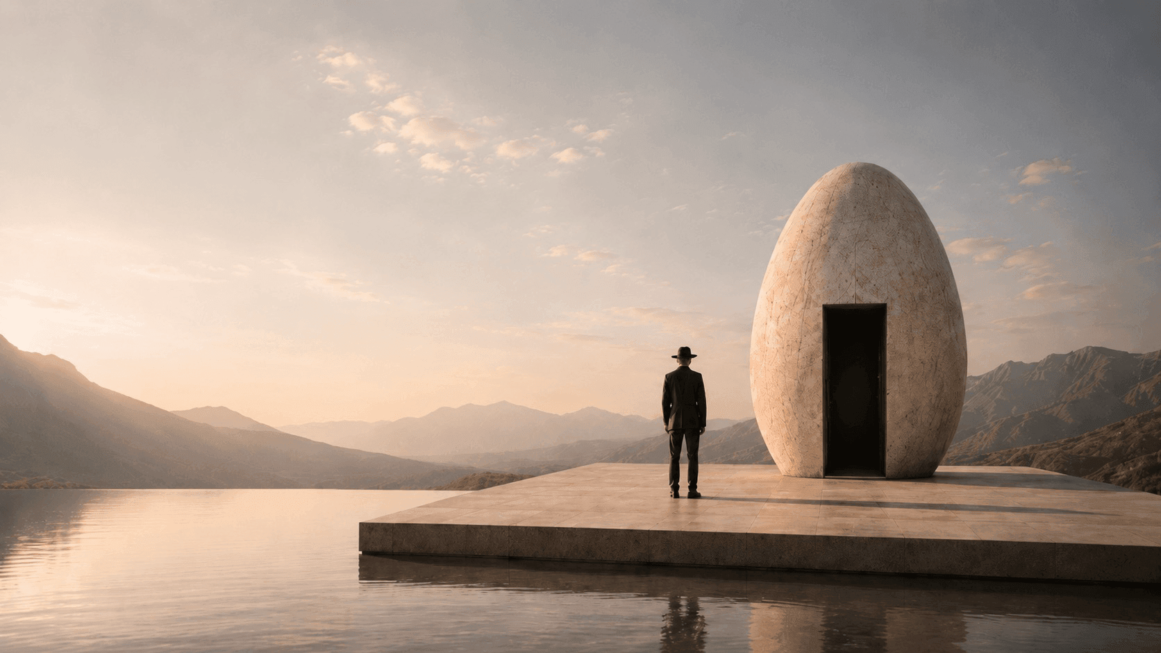 Man contemplating a monumental egg-shaped sculpture at sunset