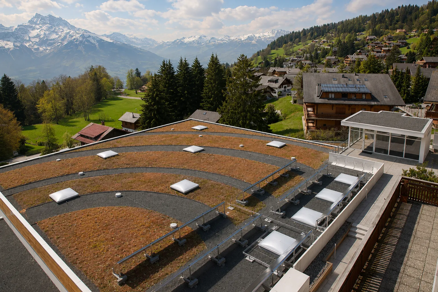Living roof of the Aiglon Sports Centre blending into the hillside
