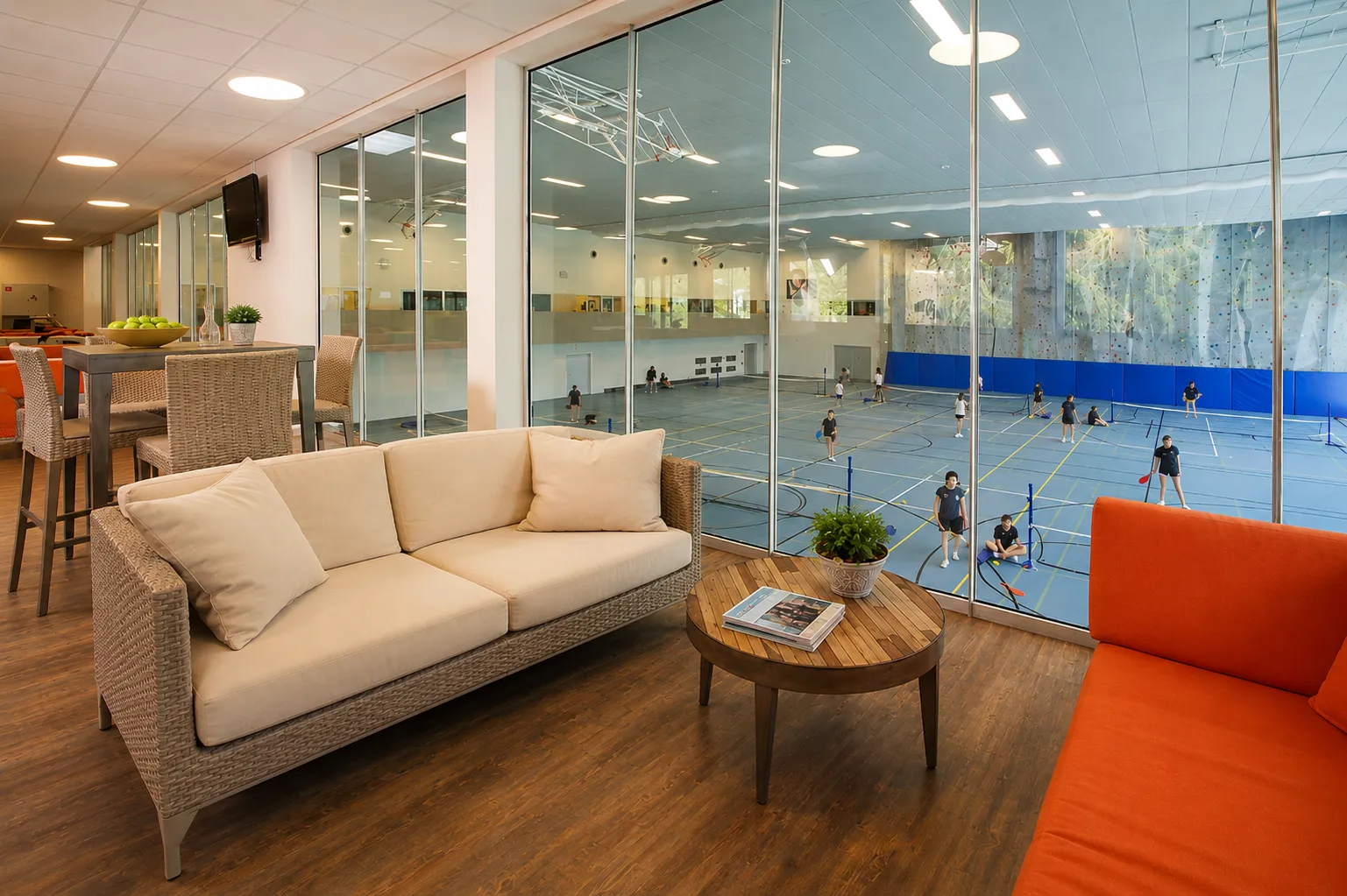 Lounge overlooking the court at the Aiglon Sports Centre