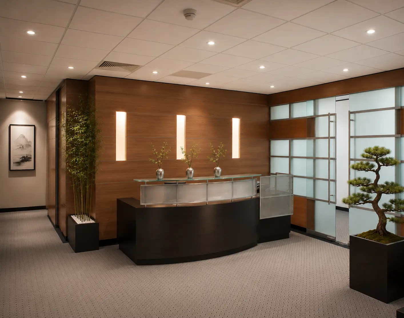 Detail of the Executive Business Center with layered lighting and CAD-derived floral graphic motifs