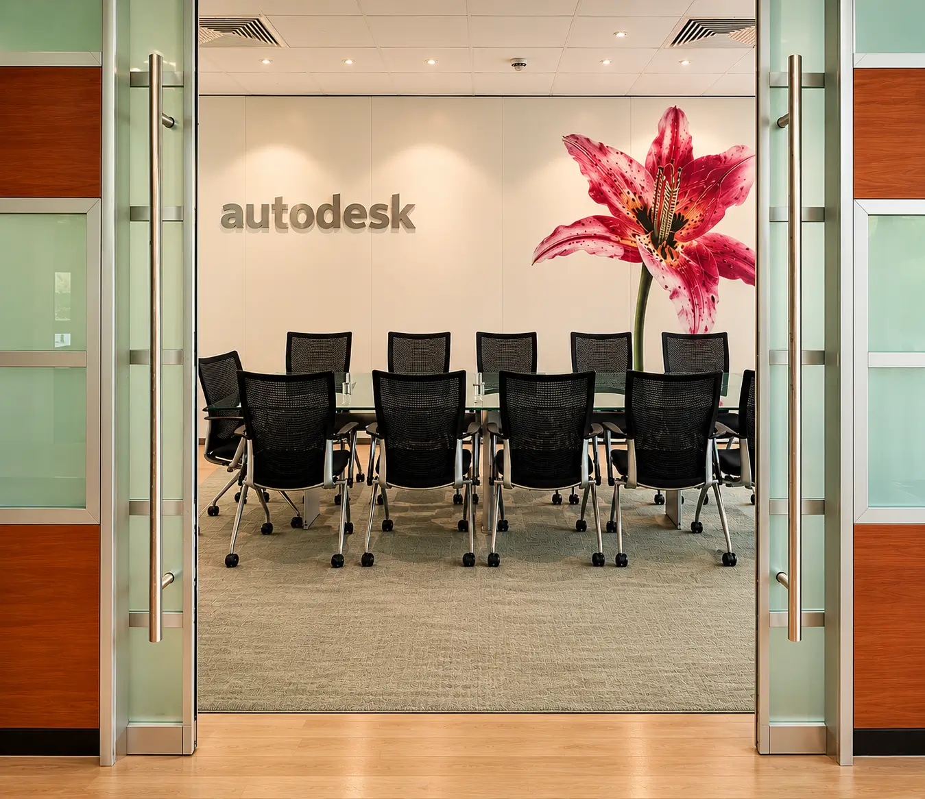 Meeting room balancing focus and warmth within the Autodesk headquarters