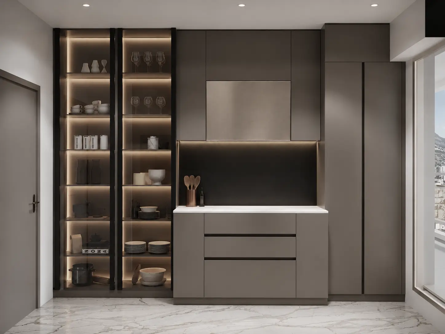 Compact kitchen with backlit glass-fronted shelving, integrated cabinetry, and a tall larder unit beside a window