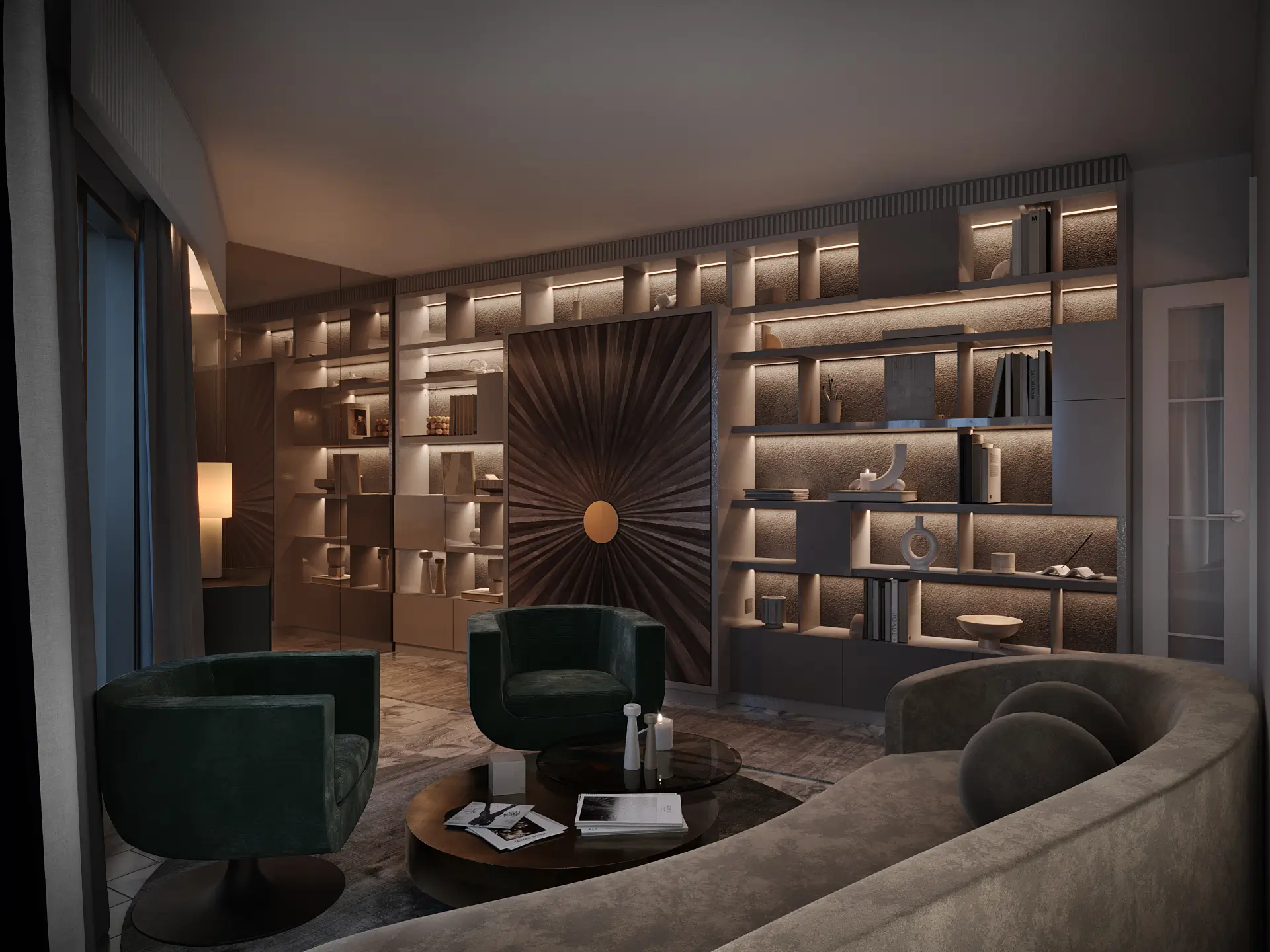 Evening view of the library with the illuminated starburst marquetry panel and warmly lit display shelving