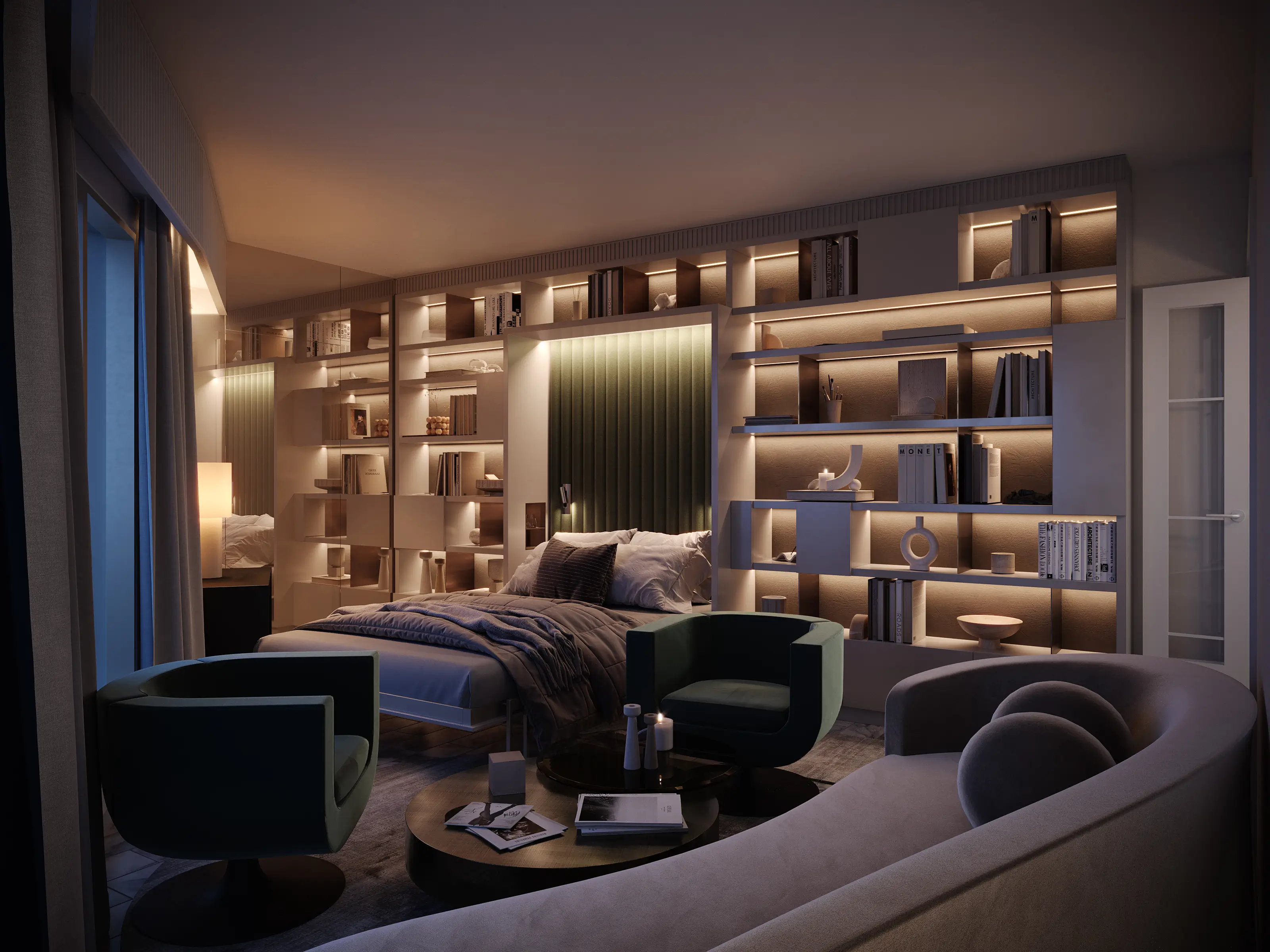 The library's concealed Murphy bed unfolded for the night within the backlit shelving wall