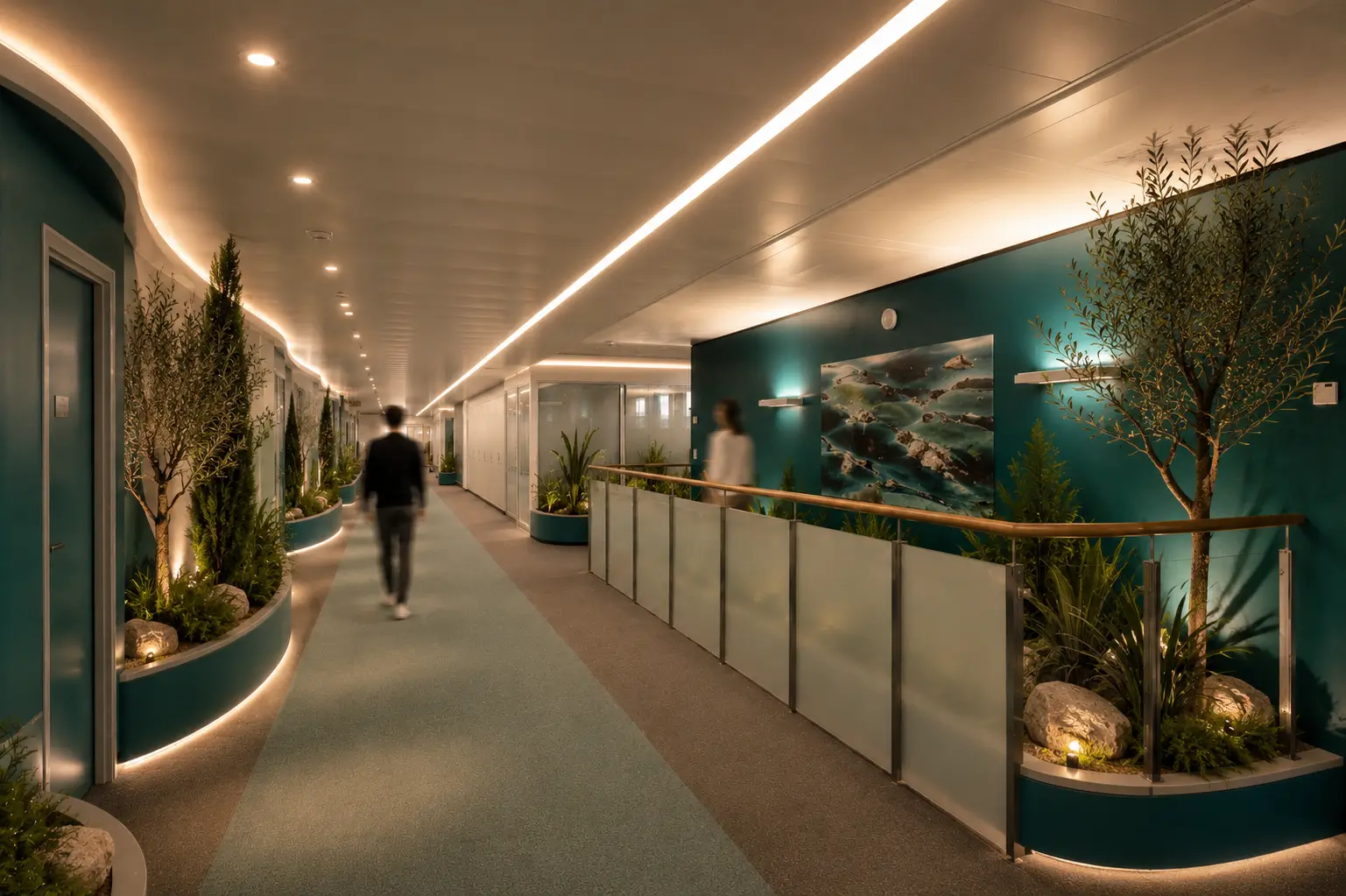 Curving teal office corridor with olive-tree planters, cove lighting and a frosted-glass balustrade