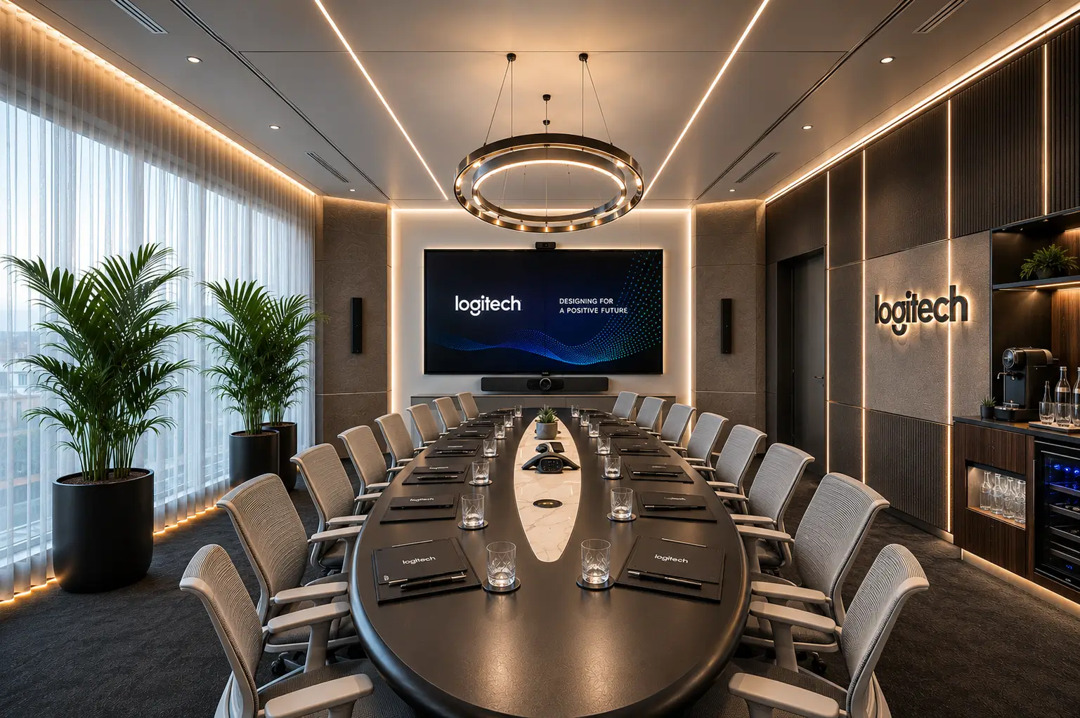 Boardroom with long dark oval table, grey chairs, ring pendant and Logitech-branded screen wall