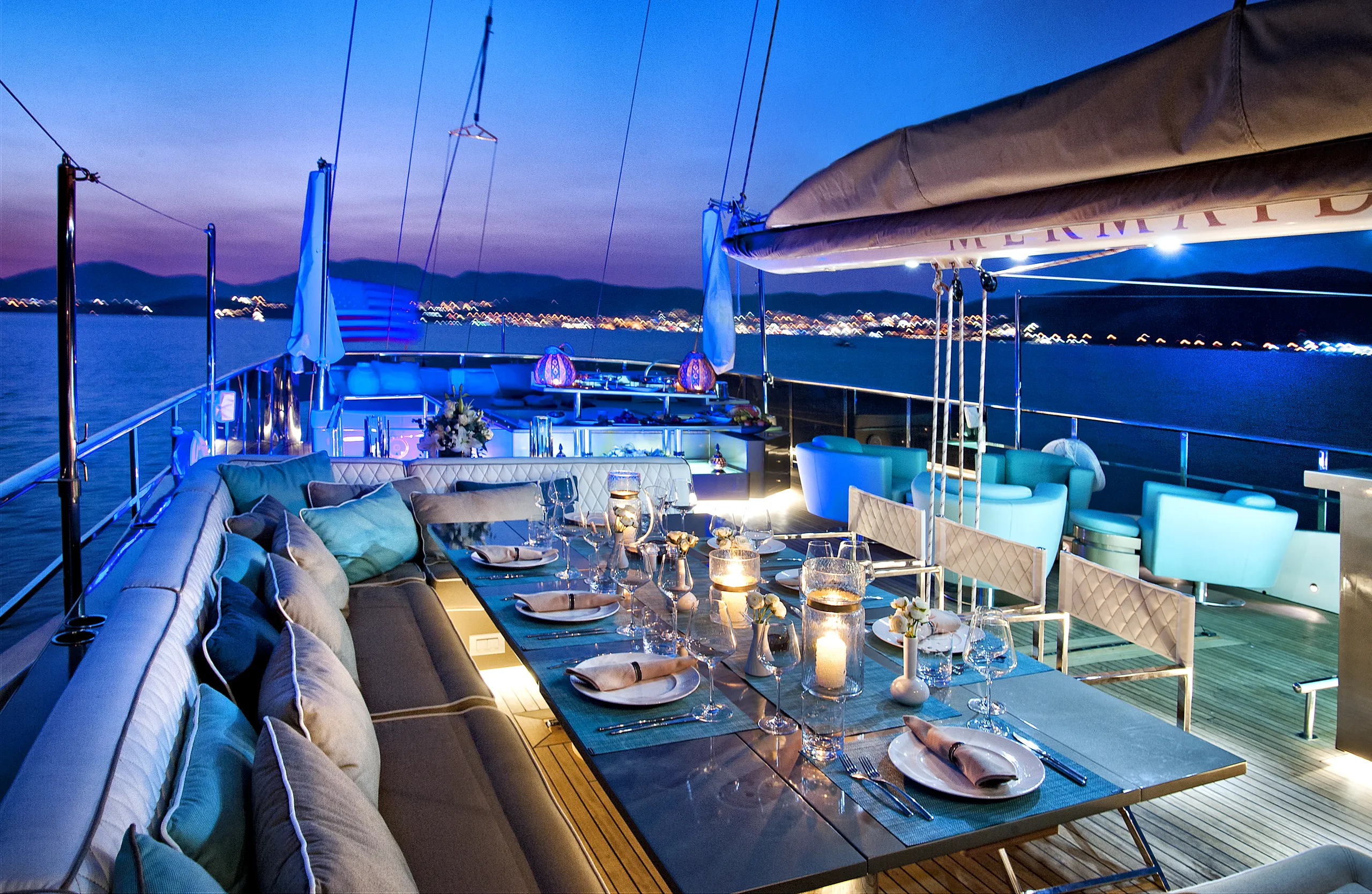 Dining table set for guests aboard M/Y Mermaid