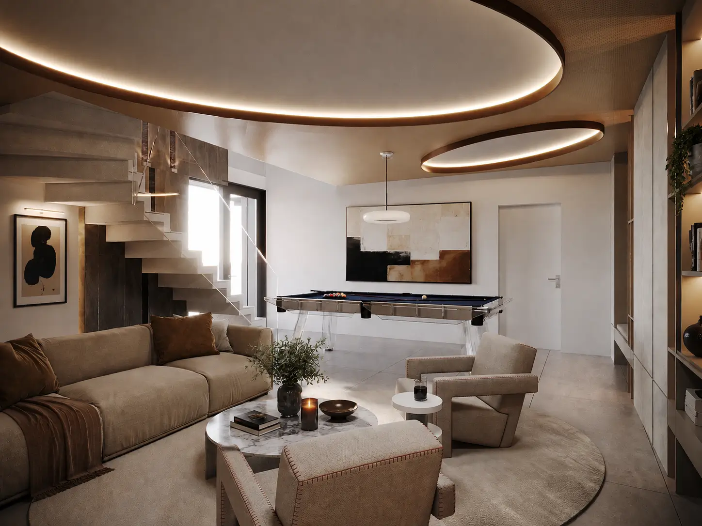 Villa D lower-level games lounge with concentric illuminated ceiling rings, a glass-legged billiard table, and a sofa-and-armchair seating group beside the staircase