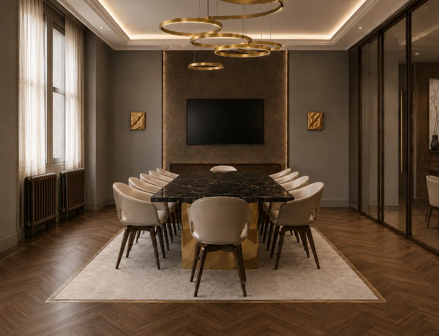 Conference room centred on the bespoke Portoro marble table with bronzed Venetian glass legs beneath a soffited, indirectly lit ceiling