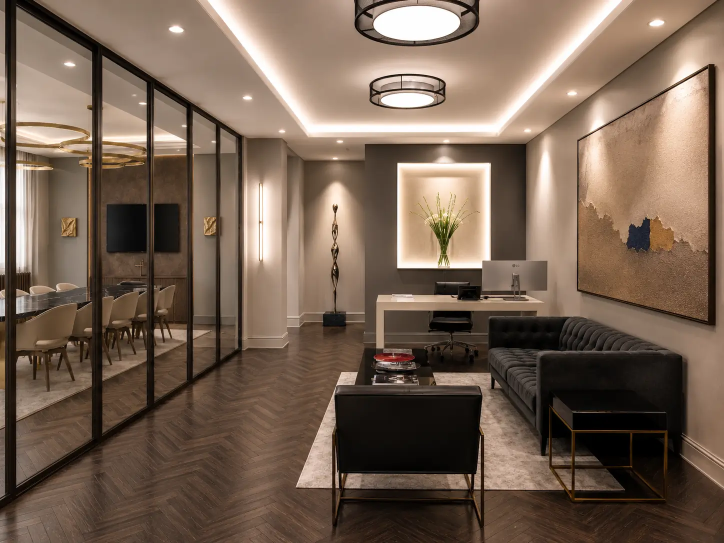 Reception with hardwood floors, soft grey organic-paint walls and majestic full-height doors