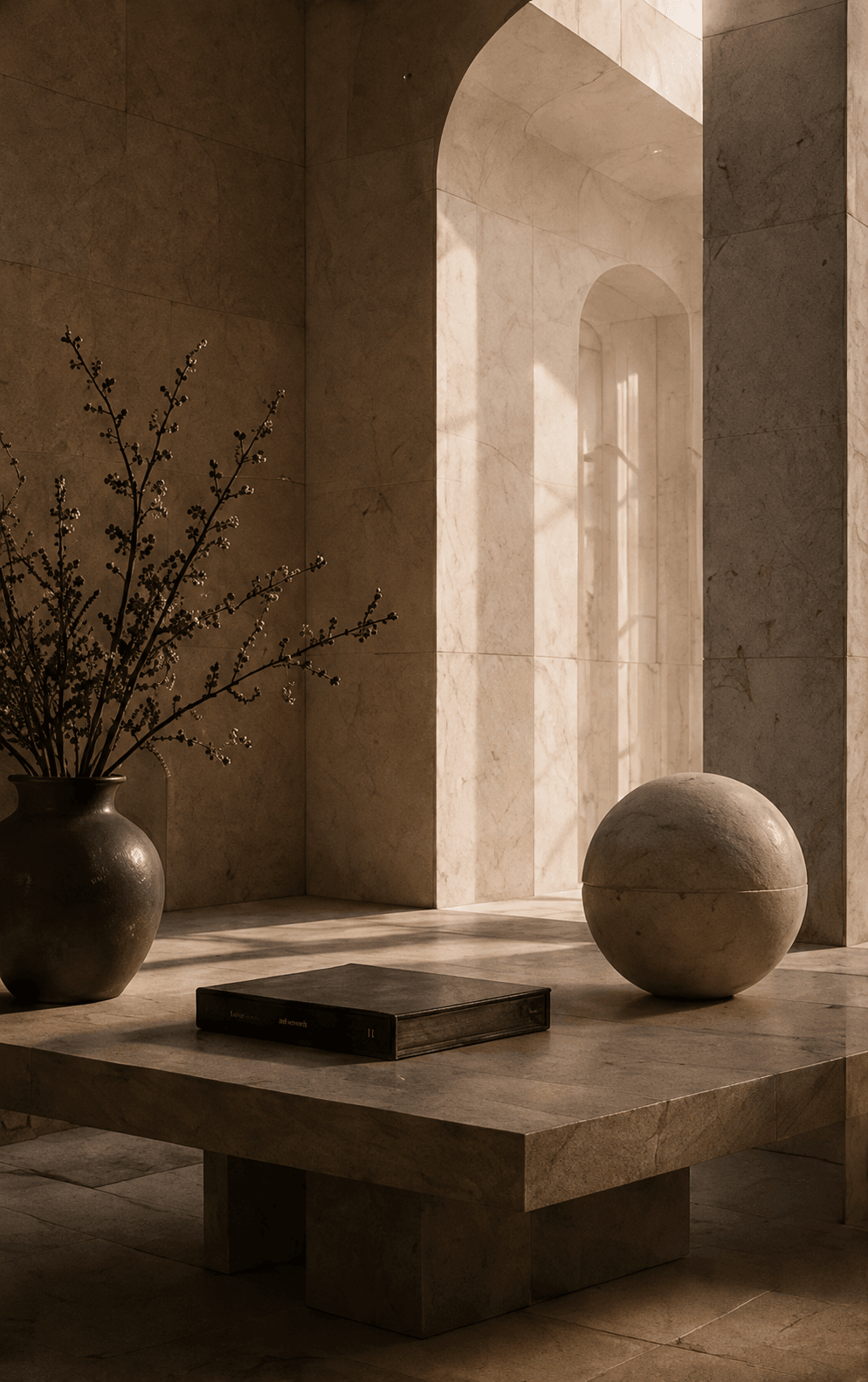 Sculptural stone form in a sunlit interior
